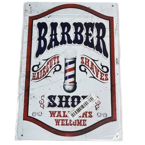 Vintage Vibe NWT Barber Shop Metal Tin Sign Haircuts Shaves Walk-ins Red Black - Picture 1 of 6
